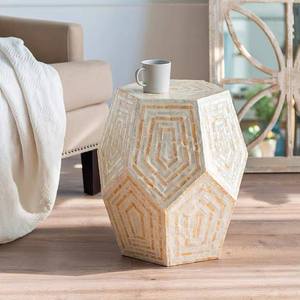 Geometric Pentagon Pattern Accent <b>Stools</b> Mother of Pearl Handcrafted Mosaic Small Side Table For Living Room <b>Bedroom</b> Decor Use - Product Image 2