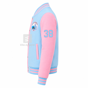Chaqueta universitaria personalizada de la hermandad Jack & Jill of America, azul cielo y rosa, manga larga, cierre frontal con cremallera, cuello con ribete, logotipo bordado. - Product Image 4