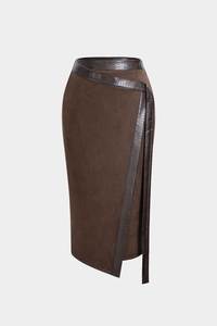 Jupe marron taille haute pour femme avec bordure en similicuir et fente latérale, longueur genou, design uni, style toutes saisons - Product Image 3