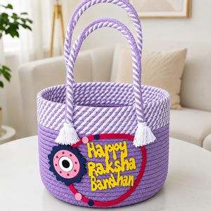 Panier tissé en coton blanc et violet écologique traditionnel avec décoration Joyeux Raksha Bandhan - Product Image 1