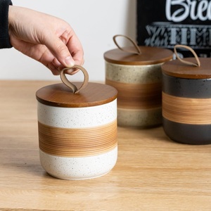 Premium Ceramic Coffee Canister Wooden <b>Lid</b> Speckled Glaze Airtight Storage Jar Freshness Keeper Kitchen Counter <b>Decor</b> - Product Image 4