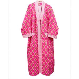 Bata de algodón hecha a mano con estampado floral rosa para mujer, de longitud completa, cuello en V, manga tres cuartos, cierre con cinturón, ropa casual transpirable de secado rápido - Product Image 4