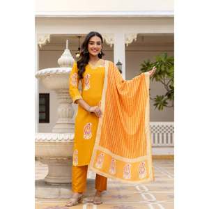 Ensemble Kurti et pantalon en rayonne imprimée pour femme avec dupatta en coton Chanderi - Product Image 1