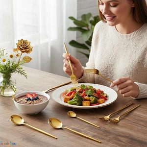 ชุดช้อนส้อมทองคำ 24 ชิ้น สำหรับโต๊ะอาหาร ประกอบด้วยช้อน ส้อม และมีดเนย ดีไซน์ทันสมัย น้ำหนักเบา ด้ามจับเพรียวบาง - Product Image 6