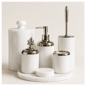 Ensemble d'accessoires de salle de bain en marbre blanc naturel au design attrayant, suite d'articles sanitaires modernes pour hôtel avec distributeur de savon - Product Image 3