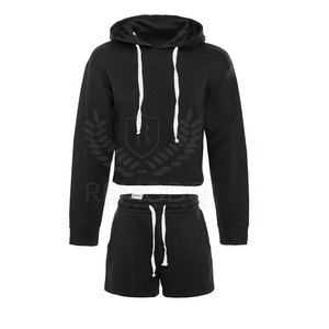 Trendy Custom Pattern Matching Hooded <b>Top</b> Breathable Cotton Fiber Hoodie Short Set For Women Rib Long Sleeve Streetwear - Product Image 1