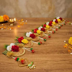 Traditional Indian Door Toran with Red Yellow Flowers and Tassels for Diwali Entryway Decor - Product Image 4