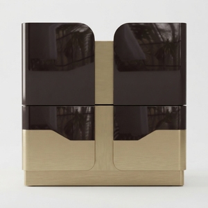 Table de chevet moderne en placage de noyer avec accents en laiton, table de chevet en bois à deux tiroirs, meubles de chambre à coucher - Product Image 1