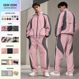Men's <b>Pink</b> Gray Color Blocking Racer <b>Jacket</b> With Zipper Closure Sporty Loose Fit Stand Collar Breathable Spring Outerwear - Product Image 4