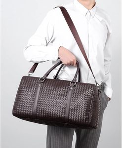 Men's Woven Leather Weekender Duffle Bag Diamond Pattern Large Capacity Zipper Closure Travel Bag <b>Soft</b> Handle - Product Image 3