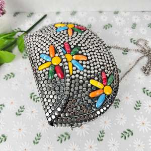 Vintage Traditional Metal Stone Work Evening Bag Women's Traditional Box Clutch <b>Sling</b> Chain Antique Jewel Mosaic Design Clutch - Product Image 2