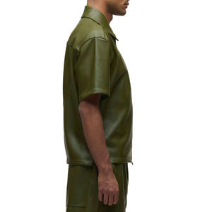 Men's Olive Green Short Sleeve Leather <b>Shirt</b> With Zipper Closure Turn-down Collar Casual Workwear Style - Product Image 3