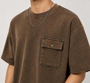 Camiseta de algodón para hombre, oversize, cuello redondo, manga corta, con lavado ácido, diseño de punto antiarrugas, efecto tie-dye, bolsillo frontal, 220g - Product Image 4