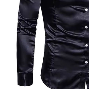 Chemise habillée noire en satin à manches longues pour homme, col rabattu uni, boutonnée, haut de gamme, classique, pour affaires et bureau - Product Image 4