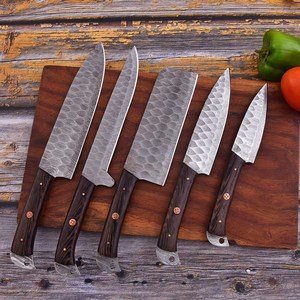 Hand Forged Damascus Steel 5-Piece Full Tang Ambidextrous Modern Dark African Wood Handle Chef <b>Knife</b> <b>Set</b> Leather Bag OEM/ODM - Product Image 2