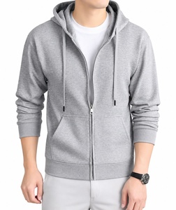 Sweat-shirt à capuche zippé gris pour homme, coupe classique, couleur unie, décontracté, pour l'automne, 100 % coton molletonné tricoté respirant, manches raglan - Product Image 1