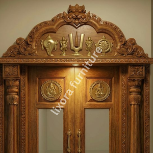 Puerta Doble de Madera Sólida Hecha a Mano para Sala de Pooja, con Tallado Ornamental de Templo, Acabado Premium, Decoración de Lujo - Product Image 1