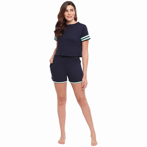 Conjunto Casual de 2 Piezas para Mujer, Color Azul Marino, Camiseta de Manga Corta con Ribete Verde Menta, Pantalones Cortos con Cintura Elástica, Transpirable y Ligero, Atuendo de Verano - Product Image 1