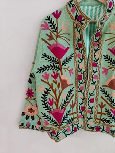 Veste en coton brodée florale bohème verte, col mandarin, manches chauve-souris, manches trois-quarts, vêtement d'extérieur décontracté pour adultes - Product Image 4