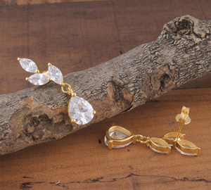Pendientes Colgantes de Plata de Ley con Circonita Cúbica Corte Marquesa, Bañados en Oro, para Novia, Boda, Fiesta, Regalo, Joyería al por Mayor - Product Image 5