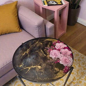 Mesa de Centro Moderna de Resina con Diseño Floral Rosa y Estructura Metálica, Mueble Decorativo Contemporáneo para Sala de Estar - Product Image 4