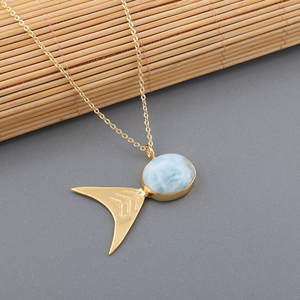 Unique Style Brass 18k Gold Plated Fish Shape Oval Cabochon Larimar Pendant Women's Chain Handmade Jewelry Gift Wedding - Product Image 6