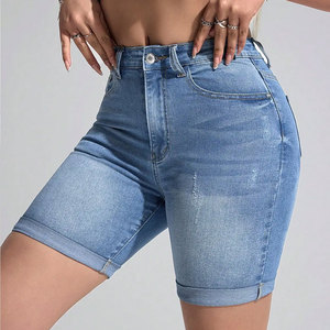 Shorts de Mezclilla con Lavado Ácido, Cintura Media, Dobladillo Desgarrado y Cinco Bolsillos para Mujer, Estilo Casual - Product Image 4