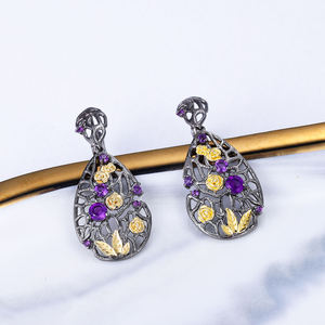 Boucles d'oreilles vintage en argent avec améthyste et design floral plaqué or 18 carats pour femme, bijoux de fête - Product Image 1