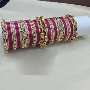 Ruby Meenakari Gold Plated Crystal Pearl <b>Bangles</b> <b>Set</b>-Fine Bridal Jewelry - Product Image 1