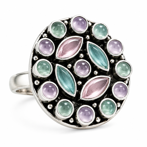 Bague en argent vieilli plaqué, style Bohème, avec pierres précieuses naturelles florales roses et bleues, pour femme, mariage et fiançailles, commande en gros, fournisseur en gros - Product Image 3