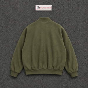 Chaqueta universitaria de lana color oliva para hombre y mujer, chaqueta bomber extragrande personalizada con cierre de botones a presión, cuello, puños y dobladillo acanalados. - Product Image 6