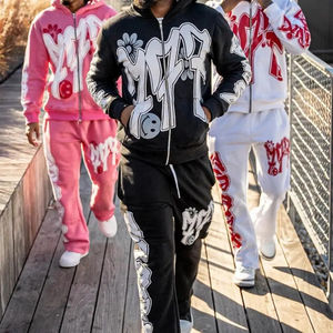 Conjunto de Sudadera con Capucha y Parche Bordado Desgastado Personalizado, Pantalones de Chándal de Algodón para Hombre con Cremallera, Corte Holgado y Lavado Ácido, Estilo Vintage, y Chándal Jogger - Product Image 1