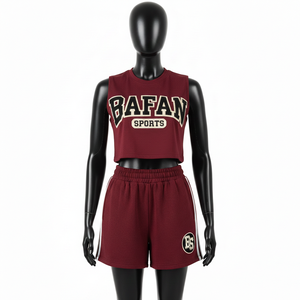Women Sleeveless Crop <b>Top</b> Shorts Set Soft Cotton Rich Fleece <b>Maroon</b> Contrast Panel Patch Logo 100% Cotton Crop <b>Top</b> & Shorts Set - Product Image 1