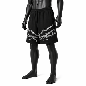Shorts Bermuda pour Homme Noir à Imprimé Fil de Fer Barbelé, Taille Mi-Haute avec Cordon de Serrage, Style Urbain Décontracté - Product Image 5