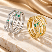 Three Coil Snake 925 Sterling Silver Zircon Ring with Green Eye Stones Clear Head Accents and Scale Detail