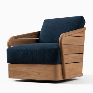 Modern Design Teak Wood Patio Swivel Armchair Slatted Siding Settee with Deep Indigo Fabric Blocks - Product Image 1