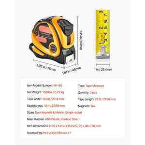 Paquete de 2 Cintas Métricas de 25 pies con Carcasa de ABS de Doble Escala, Imperial y Métrica, con Retracción Fácil para Medir - Product Image 2