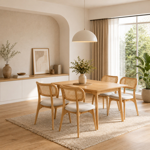 Muebles de Comedor de Lujo de Teca Sólida Premium Estilo Escandinavo, Juego de 5 Piezas Soren, Silla Peanut con Respaldo de Listones para Cocina, Hogar o Cafetería - Product Image 4