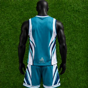 Uniforme de Baloncesto Unisex de Alta Calidad, Color Cian y Blanco, Sublimado, Cuello en V, Sin Mangas, Absorbe la Humedad, Ajuste Atlético, Logotipo Personalizado - Product Image 3