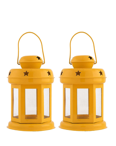Metal Hanging Lanterns with Set of 2 Yellow Star Cutout Design Glass Panels and Carry Handles Decorative <b>Tealight</b> <b>Candle</b> <b>Holders</b> - Product Image 1