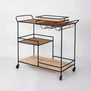 Luxury Solid Wood Bar Cart 2-Tier Oval <b>Serving</b> <b>Trolley</b> Black Metal Frame Rolling Wine Cart Modern Home Bar Furniture Decor - Product Image 4
