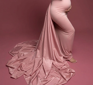 Vestido de Maternidad Recto con Lazo Grande |   Vestido Midi Glamuroso para Baby Shower, Color Sólido, Estilo Primavera |   Moño Decorativo de Satén Elástico Premium para Sesiones Fotográficas - Product Image 4