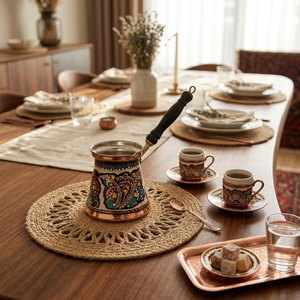 Cafetera Turca Cezve de Cobre Pintada a Mano con Esmalte Colorido, Decorativa con Diseño Floral Griego Briki, con Mango de Madera Resistente al Calor - Product Image 4