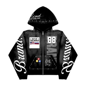 Wholesale Custom Luxury Rhinestones Graphic <b>Zip</b> up Hoodie Heavyweight Streetwear Men's Hoodies Private Label OEM ODM Manufacture - Product Image 6
