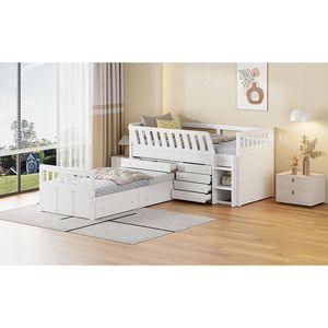 White L-Shaped Twin Loft and Platform <b>Bed</b> with 7 Drawers and Full Guardrails <b>Space</b>-<b>Saving</b> Wooden <b>Beds</b> - Product Image 3