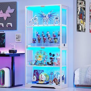 Cotowins <strong>White</strong> Display <strong>Cabinet</strong> with Glass Doors and LED Lights 4 Tier Curio <strong>Cabinet</strong> Bookshelf <strong>Storage</strong> for Collectibles - Product Image 1