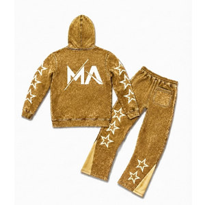Gold Acid Wash Hooded Tracksuit Set With <b>White</b> Stars And 350 gsm Full Length Drawstring Pants 100% Cotton Streetwear - Product Image 2