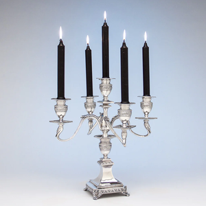 sophisticated silver five arms <b>candelabra</b> showcasing a substantial square pedestal base, available at wholesale prices. - Product Image 1