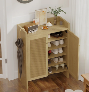 Nouvel arrivage 2026 – Meuble de rangement 2 portes en rotin naturel tressé style bohème, armoire à chaussures d'entrée en bois clair OEM, décoration intérieure – Vente en gros - Product Image 5