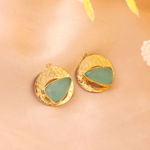 Aqua Chalcedony Trillion Cut Gemstone Centerpiece <b>Charms</b> Textured 18K <b>Gold</b> Plated Halo Setting Designer Jewelry Making Supply - Product Image 2